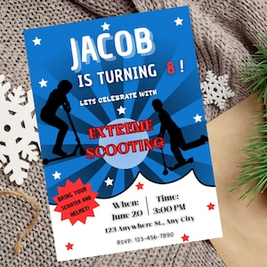 Editable Scooter Skating Birthday Party Invitation, Boy Scooter Birthday Party Invite, Blue Scooting Birthday Invitation Template, Printable