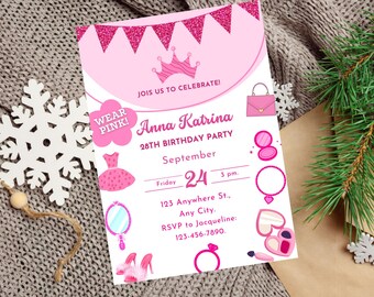 Pink Doll Birthday Party Invitation, Wear Pink Party Invite, Fun Doll Invitation, Dress-Up Theme Card, Editable Pink Birthday Invite, Canva
