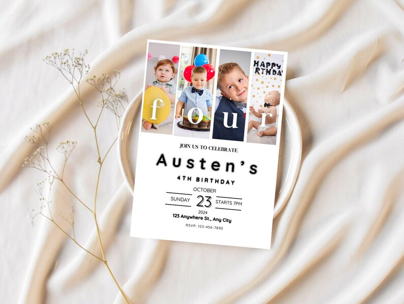K&ouml;nnte beinhalten: Eine wei&szlig;e Geburtstagseinladung mit einer Fotocollage eines Jungen, der seinen vierten Geburtstag feiert. Die Einladung lautet "Feiern Sie mit uns Austens 4. Geburtstag" und enth&auml;lt Datum, Uhrzeit und Ort der Party.