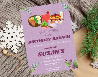 Invitación para un brunch, plantilla editable para brunch de cumpleaños, invitación para fiesta de adultos, brunch dominical, descarga digital