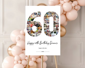 Peut inclure: Un panneau blanc sur un chevalet doré affiche un collage de photos formant le chiffre 60. Le panneau indique "Joyeux 60e anniversaire Diane" avec la date du 27 août 2024. Des ballons dorés et rose blush décorent l'arrière-plan.