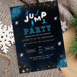 BEWERKBARE Trampolinepark verjaardag sprong verjaardagsuitnodiging, Glow Galaxy verjaardagsfeestje uitnodiging afdrukbare Instant Download