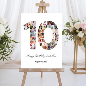 K&ouml;nnte beinhalten: Ein wei&szlig;es Schild mit einer gro&szlig;en Zahl 10 aus Fotos. Die Zahl ist von einem wei&szlig;en Rahmen umgeben. Der Text "Happy Birthday Isabella's" und "August 26th 2024" befindet sich unter der Zahl.