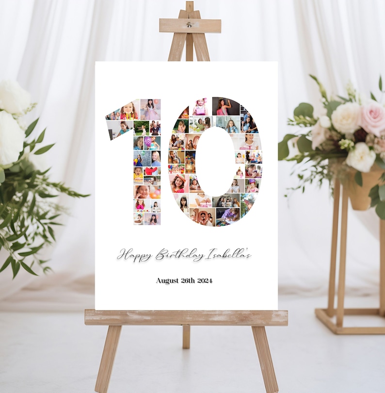 K&ouml;nnte beinhalten: Ein wei&szlig;es Schild mit einer gro&szlig;en Zahl 10 aus Fotos. Die Zahl ist von einem wei&szlig;en Rahmen umgeben. Der Text "Happy Birthday Isabella's" und "August 26th 2024" befindet sich unter der Zahl.
