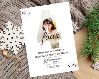 Invitación con foto editable para el cuarto cumpleaños, plantilla de invitación de cumpleaños minimalista, invitación moderna para el cuarto cumpleaños, invitación para el cuarto cumpleaños de niña o niño