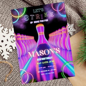 Editable Bowling Birthday Invitation Template, Strike up Some Fun Invitation, Neon Bowling Party Invite, Birthday Game Invitation Printable