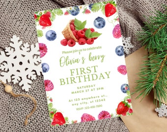 Plantilla de invitación para primer cumpleaños con diseño de bayas, invitación de cumpleaños con fresas, invitación digital, diseño de cuadros vichy, editable, Canva