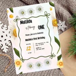 Convite de aniversário editável com margaridas, modelo de convite para festa floral retrô, cartão de aniversário clássico minimalista para impressão para qualquer idade