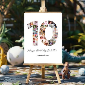 K&ouml;nnte beinhalten: Ein wei&szlig;er Poster mit einer Fotocollage der Zahl 10. Die Collage besteht aus vielen kleinen Fotos von Menschen. Der Text "Happy Birthday Isabella's" und "August 26th 2024" ist unter der Zahl gedruckt.