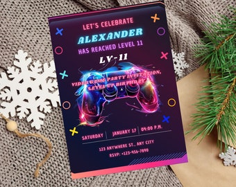 Video Game Birthday Invitation Template, Video Game Birthday Invite, Neon Invite, Boy Game Party, Boy Gamer Invitation, Editable On Canva
