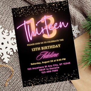 13Th Birthday Invitation for girl Gold Glitter Pink Neon Editable Template 13 Birthday Invites Editable Template Instant Download