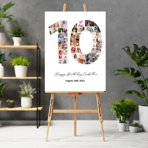 K&ouml;nnte beinhalten: Ein wei&szlig;er Poster mit einer Fotocollage der Zahl 10. Die Zahl besteht aus Fotos eines jungen M&auml;dchens. Der Text "Happy Birthday Isabella's" und "August 20th 2024" ist unter der Zahl gedruckt.