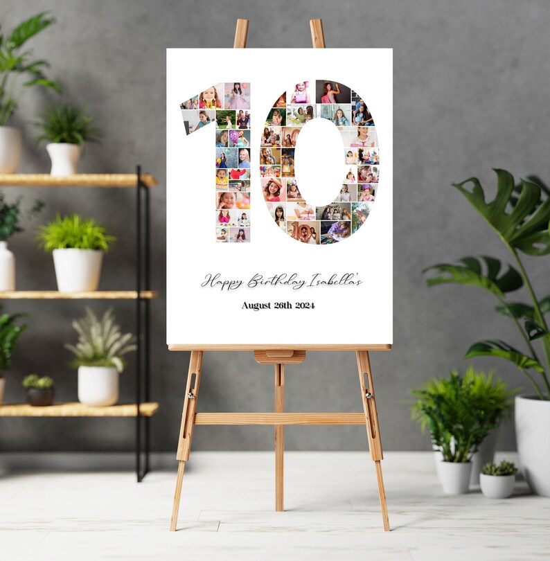 K&ouml;nnte beinhalten: Ein wei&szlig;er Poster mit einer Fotocollage der Zahl 10. Die Zahl besteht aus Fotos eines jungen M&auml;dchens. Der Text "Happy Birthday Isabella's" und "August 20th 2024" ist unter der Zahl gedruckt.