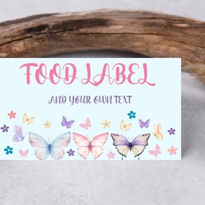 Butterfly Food Label Card 3.5&quot; x 4&quot;, Butterflies Food Label Template, Editable Folded Food Card, Birthday Party, Baby Shower Printable