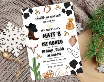 Editable First Rodeo Birthday Invitation Template, Western Birthday Party Invitation, Cowboy Birthday Invitation, Saddle Up Birthday Invite