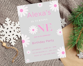 EDITABLE Daisy One Girl Birthday Invitation, Daisy Birthday Invitation Template, Retro Daisy Invitation, First Birthday Girl Invite