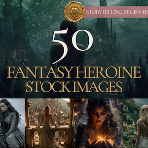 Può includere: Una collezione digitale di 50 immagini stock di eroine fantasy con uno sfondo di castello scuro e il testo 50 FANTASY HEROINE STOCK IMAGES e STORYTELLING BEGINS HERE. Il collage include quattro scene più piccole di figure in contesti fantasy.