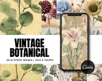 50 Vintage Botanical Stock Images: PLR MRR, Faceless Marketing