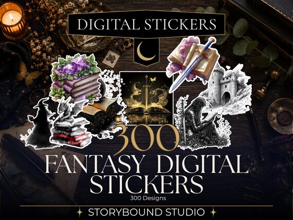 300 Fantasy Bookish Digital Stickers | BookTok Stickers | Goodnotes Stickers | Fantasy Journal PNG Bundle | Reading Journal Stickers