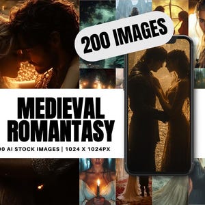 May include: A collage of 200 AI-generated images depicting a medieval fantasy romance theme. The images feature couples in romantic poses, castles, forests, and other elements of a fantasy world. The text "200 IMAGES" and "MEDIEVAL ROMANTASY" are displayed on the collage.