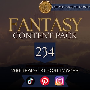 Peut inclure: Un pack de contenu numérique affichant le texte FANTASY CONTENT PACK, 234 et 700 READY TO POST IMAGES. Le design comprend un sceau circulaire doré avec une icône de livre, le texte CREATE MAGICAL CONTENT et des icônes TikTok, Pinterest et Instagram.