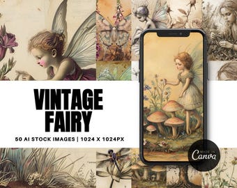 50 Vintage Fairy Stock Images: Botanical Fantasy, PLR MRR (Digital Download)