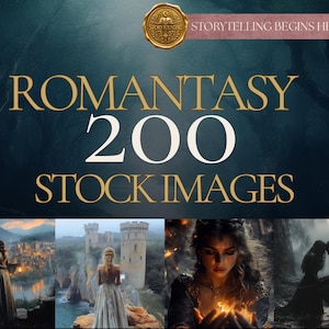 Può includere: Una collezione digitale di 200 immagini stock Romantasy con il testo Storytelling Begins Here, Romantasy e 200 Stock Images. La grafica mostra quattro scene fantasy tra cui una coppia che guarda una città, una persona vicino a un castello, una persona che tiene in mano del fuoco e una coppia in una foresta oscura.