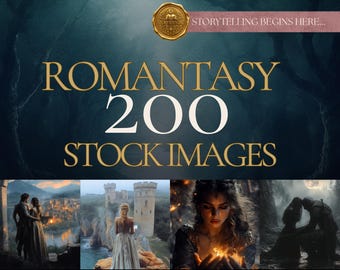 May include: A digital collection of 200 Romantasy stock images featuring the text Storytelling Begins Here, Romantasy, and 200 Stock Images. The graphic displays four fantasy scenes including a couple overlooking a city, a person near a castle, a person holding fire, and a couple in a dark forest.