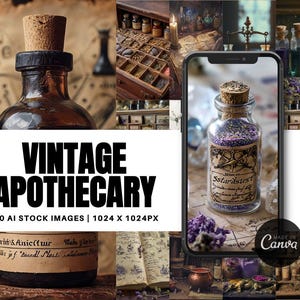 May include: A collection of vintage apothecary bottles with labels and stoppers. The bottles are filled with various herbs and powders. The image has a vintage aesthetic and is perfect for a website or social media post about natural remedies or herbalism.