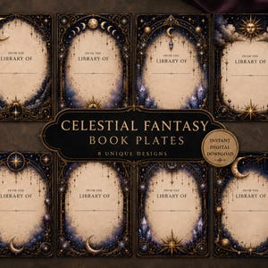 May include: Eight rectangular book plates with a beige centre and dark blue celestial borders featuring moons, stars, and crystals. Each plate includes the text FROM THE LIBRARY OF and a line for a name. The central label reads CELESTIAL FANTASY BOOK PLATES.