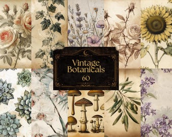 60 Vintage Botanical Junk Journal Papers | Printable Scrapbook Papers | Cottagecore Digital Paper Pack | Floral Collage Pages