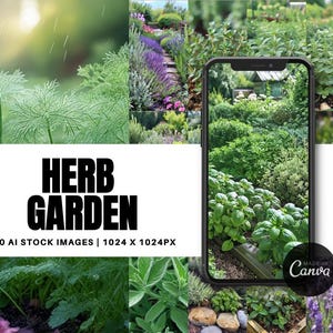 May include: A collage of images showcasing a variety of herbs growing in a garden. The images include close-ups of individual herbs, as well as wider shots of the garden as a whole. The text "HERB GARDEN" is displayed in bold black letters, along with the phrase "50 AI STOCK IMAGES | 1024 X 1024PX".