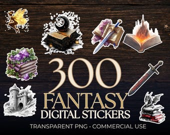 Könnte beinhalten: Eine Sammlung von 300 digitalen Fantasy-Stickern mit Illustrationen einer Fee, einer Mondsichel über einem offenen Buch, einem Schwert mit Schriftrolle, einer Burg aus einem Buch, violetten Kristallen auf Büchern, einer Steinburg, einem Schwert und einem Drachen.