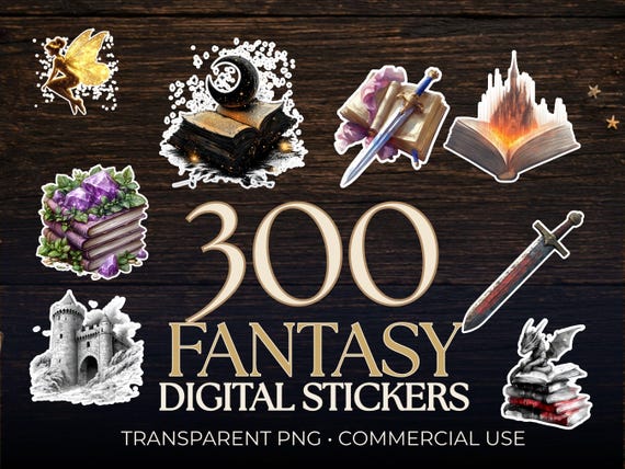 300 Fantasy Bookish Digital Stickers | BookTok Stickers | Goodnotes Stickers | Fantasy Journal PNG Bundle | Reading Journal Stickers