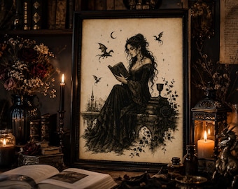 Fantasy Reader Wall Art Printable, Romantasy Book Lover Art, Gothic Woman Reading Print, Dragon Bookish Decor, Digital Download