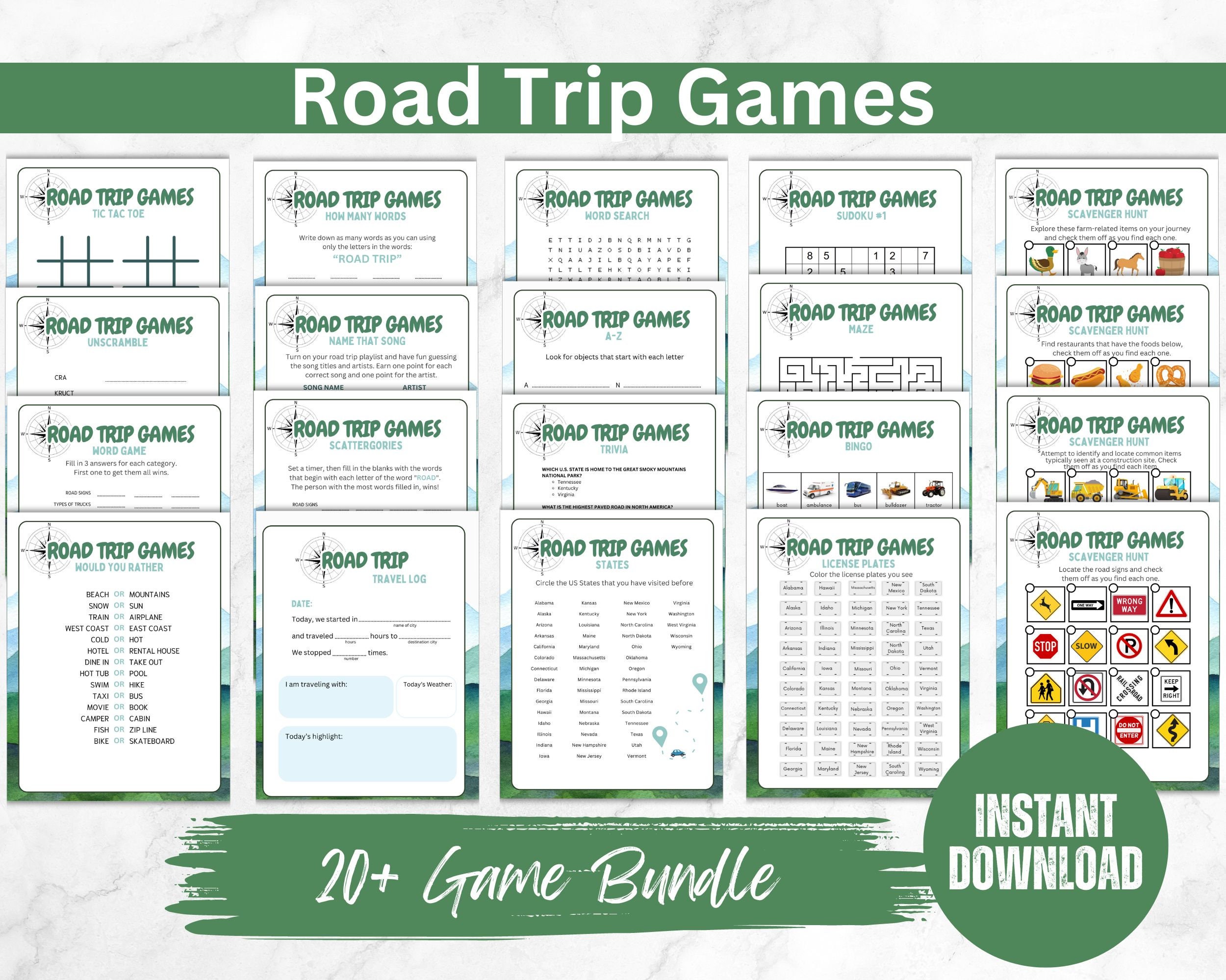 Road Trip Game Bundle Printables | Travel Games and Activities | Fun