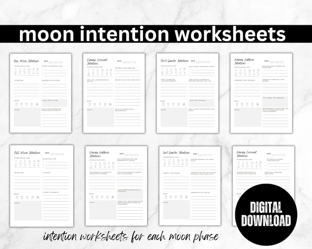 Moon Intention Worksheet Journal, Moon Phases, Intention Setting