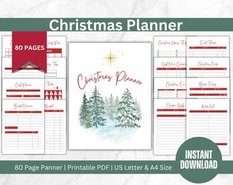 May include: A printable Christmas planner with 80 pages. The cover features a watercolor illustration of a snowy forest with a gold star. The planner includes sections for budgeting, gift lists, and event planning.