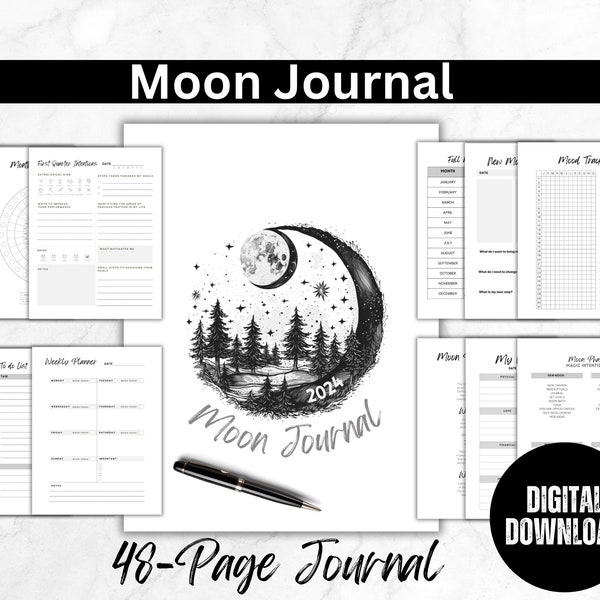 Agenda et journal lune 2024, Pleine lune | Rituels de la nouvelle lune, dates d'éclipse solaire, lot de lune à téléchargement immédiat, minimaliste
