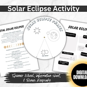 Solar Eclipse Activity, Solar Eclipse Coloring Spinner wheel, Eclipse information worksheet, Bonus Memory Keepsake, Solar Eclipse Printable