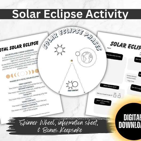 Solar Eclipse Activity, Solar Eclipse Coloring Spinner wheel, Eclipse information worksheet, Bonus Memory Keepsake, Solar Eclipse Printable