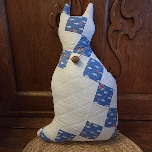 Quilt Cat made by me from a vintage quilt  country blue nine patch
