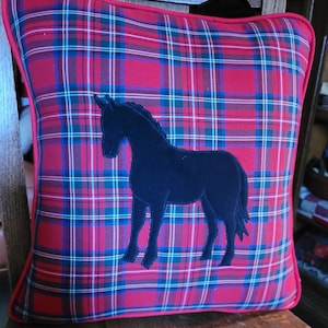 Red tartan plaid pillow cover and pillow applique Horse