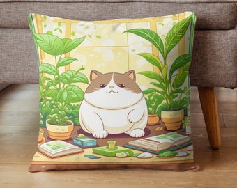 Cat Plant Book Throw Pillow, Cozy Botanical Gardener Gift