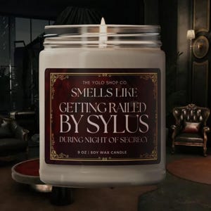 May include: A white soy wax candle in a glass jar with a silver lid. The label reads "SMELLS LIKE GETTING RAILED BY SYLUS" with the text "DURING NIGHT OF SECRECY" below. The candle is 9 oz.
