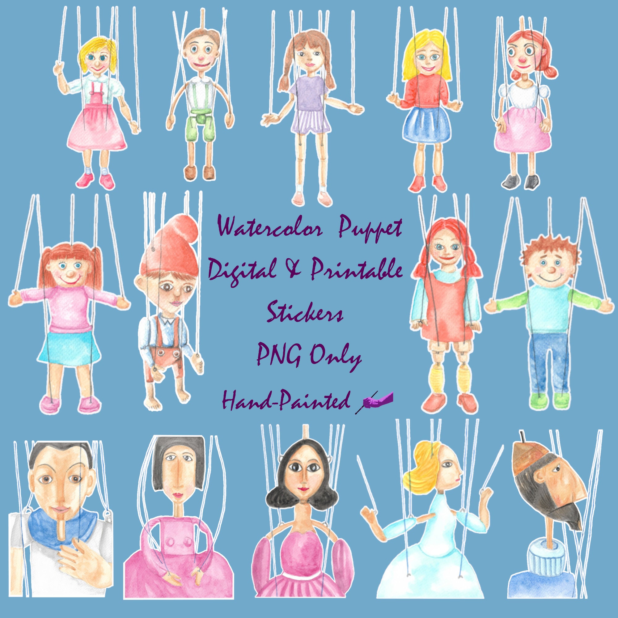Sticker Puppet Puppet Digital&printable Stickers Png, Setof14, Toy Stickers, Print and ...