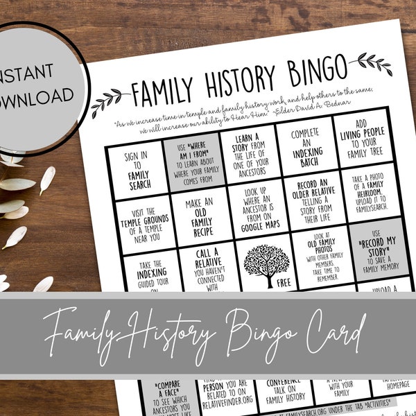 Family History BINGO Card -- Instant Dowload -- LDS Family Activity -- FamilySearch