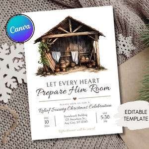 Let Every Heart - Invitación y póster de Navidad religiosa editable - Plantilla Canva simple - Descarga digital - Actividad de la Sociedad de Socorro