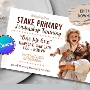 May include: A white invitation with brown text announcing a Stake Primary Leadership Training event titled "One by One" on Thursday, June 12th from 7:00 to 8:30 PM at the Canton Stake Center, 2535 Bluebird Drive. The invitation features a watercolor illustration of a man holding a child.