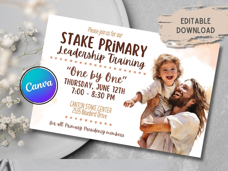 May include: A white invitation with brown text announcing a Stake Primary Leadership Training event titled "One by One" on Thursday, June 12th from 7:00 to 8:30 PM at the Canton Stake Center, 2535 Bluebird Drive. The invitation features a watercolor illustration of a man holding a child.